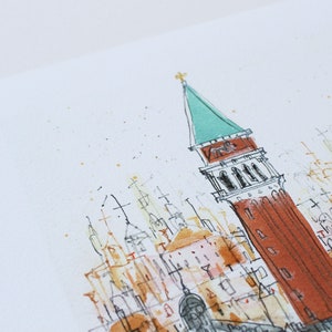 May include: Watercolor painting of a cityscape with a tall, red tower with a green roof. The tower is surrounded by smaller buildings and a canal.