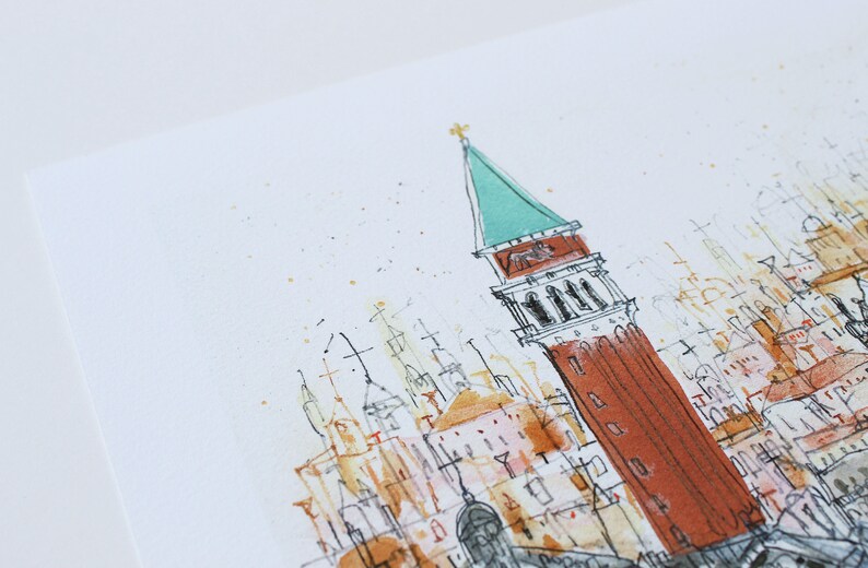 May include: Watercolor painting of a cityscape with a tall, red tower with a green roof. The tower is surrounded by smaller buildings and a canal.