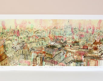 VISTA DE LAS AZOTEAS DE PARÍS Impresión del horizonte de París, pintura de técnica mixta, arquitectura parisina, arte mural francés, dibujo del Sacré-Cœur, acuarela parisina