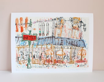 Lámina de café parisino, edición limitada, cuaderno de bocetos parisino, pintura de técnica mixta, arte mural francés, acuarela, Clare Caulfield