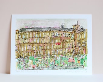 Grabado SALTS MILL, SALTAIRE Acuarela, Grabado de Yorkshire, Edición limitada firmada, Boceto de Bradford, Dibujo a pluma, Edificios, Clare Caulfield