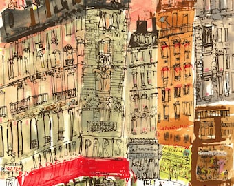 May include: A watercolor painting of a Parisian street scene with buildings, a cafe, and people. The cafe has a red awning and the text "PARIS" is written above it. The buildings are drawn in a loose, sketchy style and the sky is a soft pink.