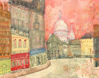 IMPRESSION CARRÉ PARIS, Art de Montmartre 14 x 11, décoration murale Français, Au Cadet de Gascogne, croquis du Sacré-Cœur, dessin de la ville parisienne, France