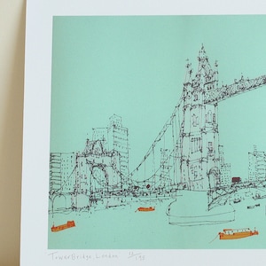 May include: A black and white line drawing of Tower Bridge in London, England. The bridge is drawn in a minimalist style with a turquoise background. The text "Tower Bridge, London" and "12/195" is written in the bottom right corner of the image.