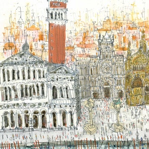 May include: A watercolor painting of a cityscape with a tall, red brick tower in the center. The tower has a green roof and is surrounded by other buildings. There are many people in the foreground, and a body of water with boats in the bottom of the image.