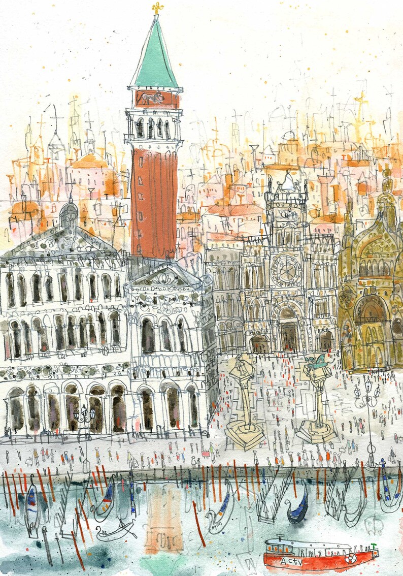 May include: A watercolor painting of a cityscape with a tall, red brick tower in the center. The tower has a green roof and is surrounded by other buildings. There are many people in the foreground, and a body of water with boats in the bottom of the image.