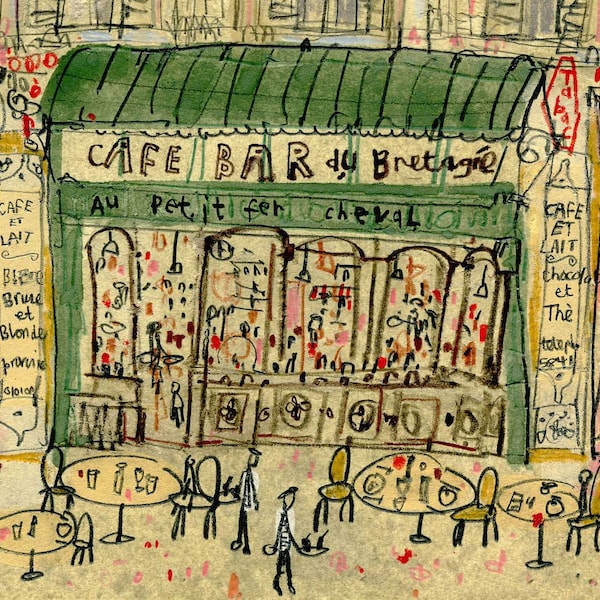 Au Petit Fer à Cheval, PARIS CAFE HORIZONTAL, 14x11 Cafe print, Au Petit Fer Cheval, Parisian Wall Decor, Café Bar Art, City Drawing Sketch