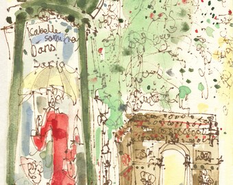 Champs Elysees Paris, French Wall Decor, Parisian Picture, Watercolor Drawing, Pen Sketch, Paris City Street, Paris Painting, ClareCaulfield