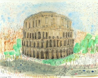 COLOSSEUM ROME ART Print, Italy Painting, 14x11 Rome Decor, Drawing Sketch, City Architecture Travel, Watercolour Painting, Clare Caulfield