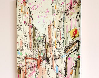 PARIS CANVAS ART, Parisian Street Print, Box Canvas, Painting of France, Stretched Giclee Canvas, French City Drawing, Home Decor, Sketch