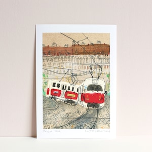PRAGUE TRAM ART, Czech Republic Print, City Wall Art, Prague Watercolor, Red Tram Painting, Home Decor, Old Town Drawing, Clare Caulfield