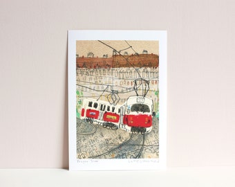 PRAGUE TRAM ART, Czech Republic Print, City Wall Art, Prague Watercolor, Red Tram Painting, Home Decor, Old Town Drawing, Clare Caulfield