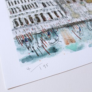 May include: A watercolor painting of a canal scene in Venice, Italy. The painting features a building with arched windows and a row of gondolas in the water. The painting is signed and numbered "4/195".
