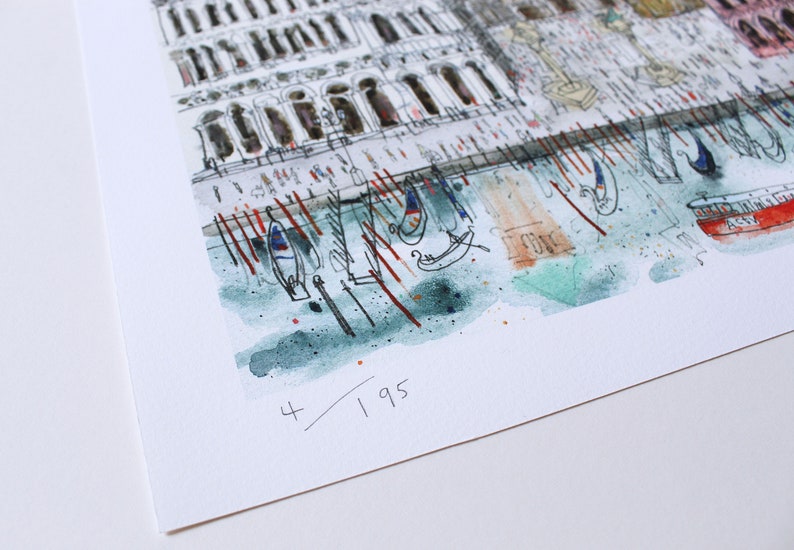 May include: A watercolor painting of a canal scene in Venice, Italy. The painting features a building with arched windows and a row of gondolas in the water. The painting is signed and numbered "4/195".