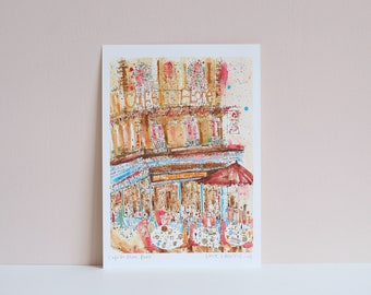 Paris Café Print, Watercolor Painting, Pink Parisian Wall Art, Café de Flore Sketch, French Bistro, Pavement Café Tabac Sign Clare Caulfield