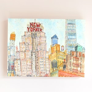 NEW YORK Canvas, NYC Skyscrapers, New Yorker Picture, Watercolor Painting, Water Towers Drawing, Manhattan Wall Art, Architecture Ny