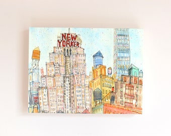 NEW YORK Canvas, NYC Skyscrapers, New Yorker Picture, Watercolor Painting, Water Towers Drawing, Manhattan Wall Art, Architecture Ny