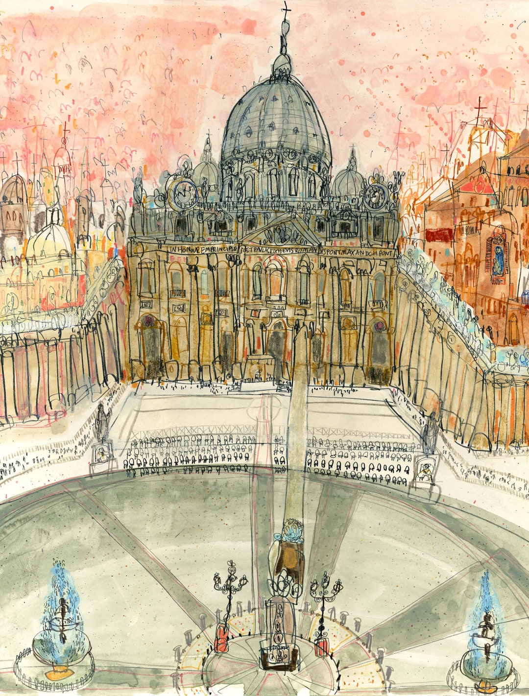 ROME ART PRINT, St Peters Square, Italy Painting, 11x14 Rome Home Decor ...