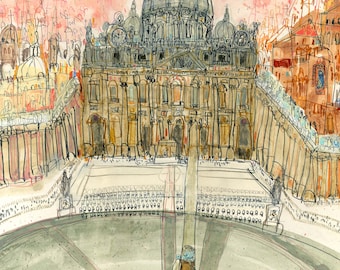 Kunstprint Rome, Sint-Pietersplein, Italië, schilderij, 11x14 cm, Rome woondecoratie, tekening Vaticaanstad, Europese schets, stadsgezicht, architectuur