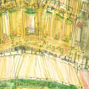 May include: Watercolor painting of a Parisian cafe, "Les Deux Magots", with yellow and green tones. The cafe's name is written in cursive across the top. The image has a sketched style, with visible brushstrokes and lines.