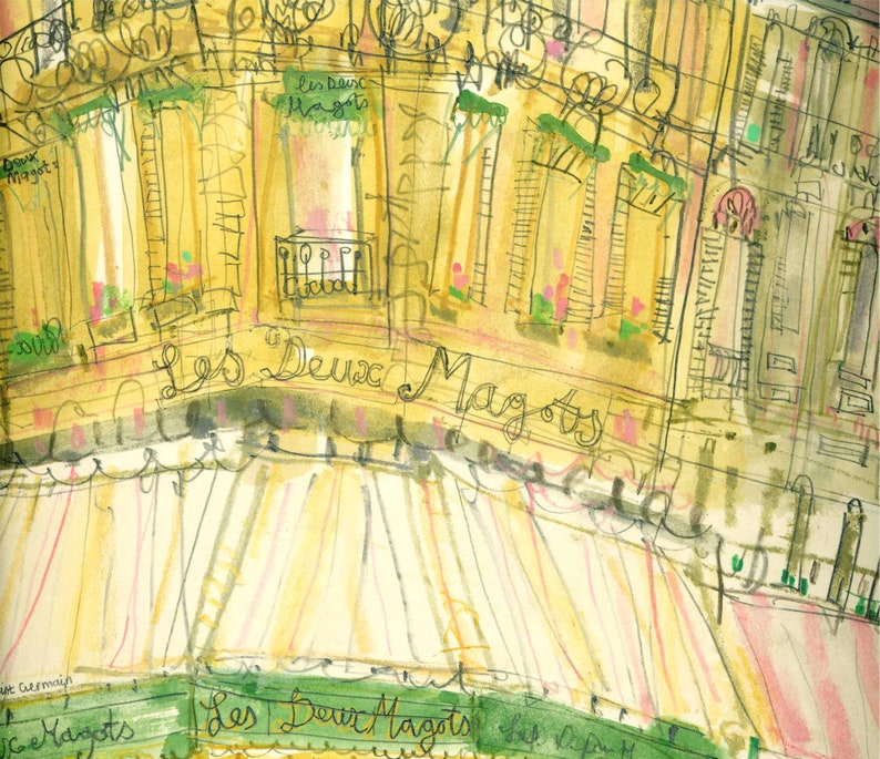 May include: Watercolor painting of a Parisian cafe, "Les Deux Magots", with yellow and green tones. The cafe's name is written in cursive across the top. The image has a sketched style, with visible brushstrokes and lines.