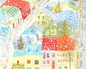 REYKJAVIK SNOW, impression d'art jet d'encre, peinture d'Islande, croquis d'hiver nordique, photo Scandi, aquarelle, dessin Clare Caulfield