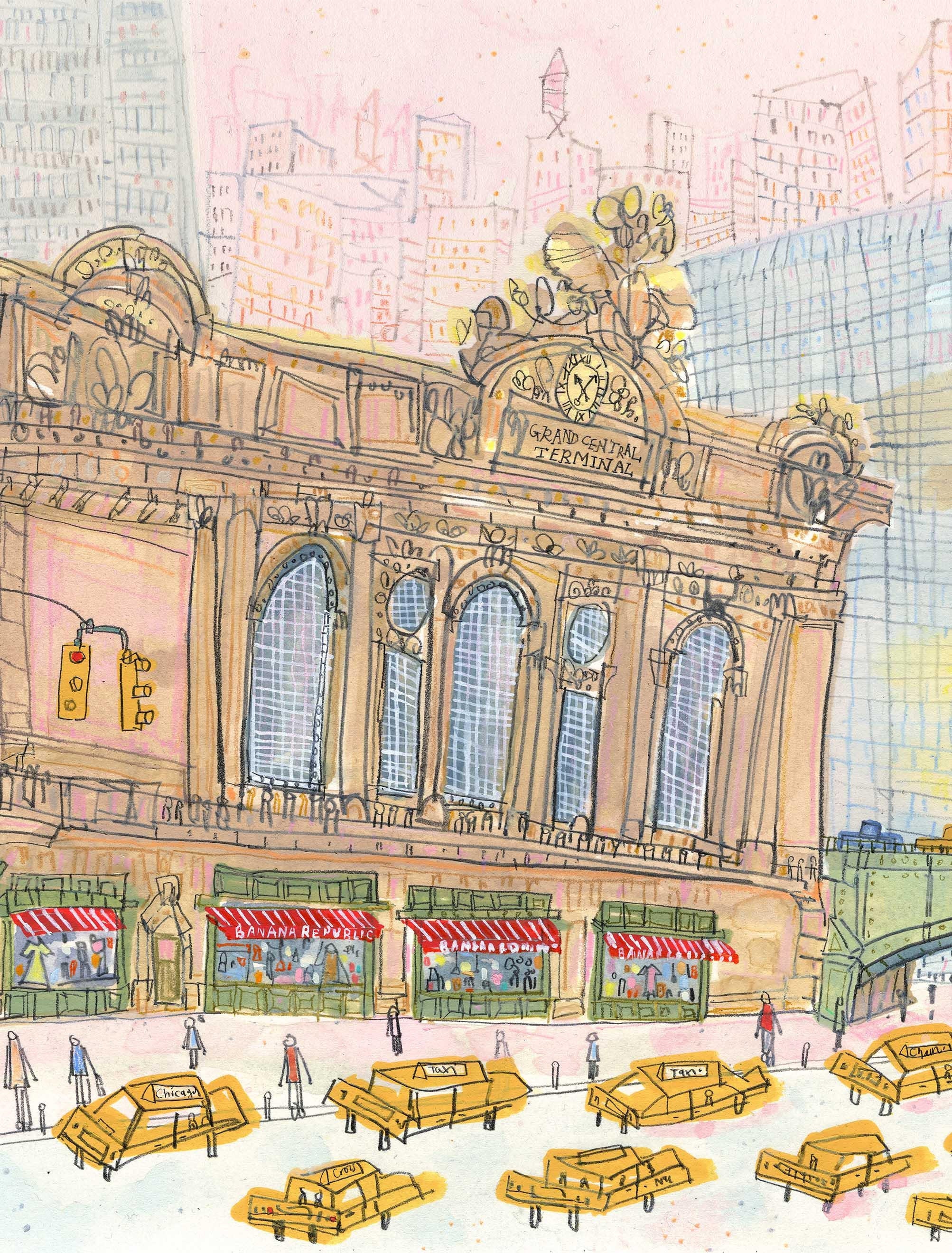 Grand Central Terminal, 14 X 11 New York Print, NYC Yellow Taxis