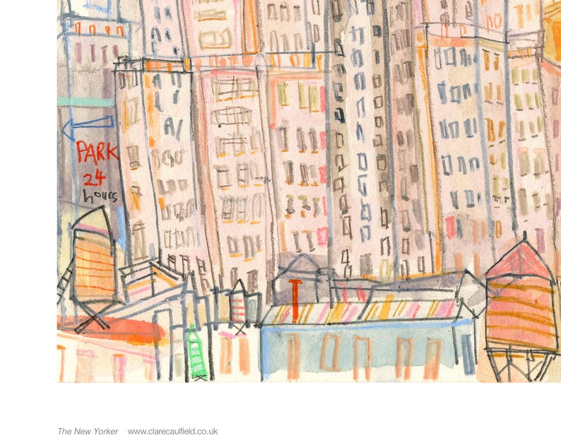 New York art print, New Yorker Giclee Print, 11 x 14 NYC, Water Towers, City Sketch, Manhattan Picture, Skyscraper Buildings, Architecture image 4