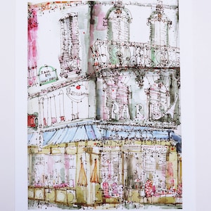 May include: A watercolor painting of a Parisian cafe with a blue awning, red chairs, and a sign that reads "Tres Restaurant de Paris". The cafe is located on a street with a building in the background that has a balcony with a wrought iron railing.