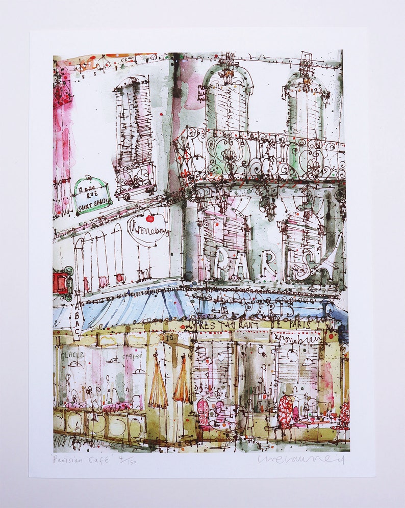 May include: A watercolor painting of a Parisian cafe with a blue awning, red chairs, and a sign that reads "Tres Restaurant de Paris". The cafe is located on a street with a building in the background that has a balcony with a wrought iron railing.