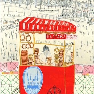 ISTANBUL PRINT, Simit Seller, Turkey Print, 11 x 14 Wall Art, Istanbul Drawing, Eminönü Istanbul, Street Seller, Galata Tower