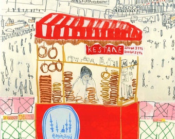ISTANBUL PRINT, Simit Seller, Turkey Print, 11 x 14 Wall Art, Istanbul Drawing, Eminönü Istanbul, Street Seller, Galata Tower
