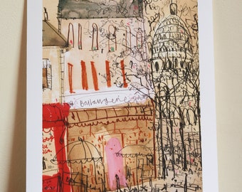 MONTMARTRE PARIS ART, Signed Giclee Print, Rue Norvins, Watercolor Painting, Clare Caulfield, French Wall Art, Sacre Coeur, Parisian Drawing