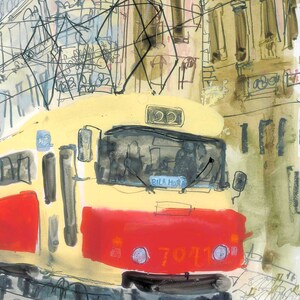May include: Watercolor painting of a yellow and red tram car with the number 22 on the front. The tram car has the text "Bila Hora" on the windshield and the number 7071 on the front. The background shows buildings and overhead wires.