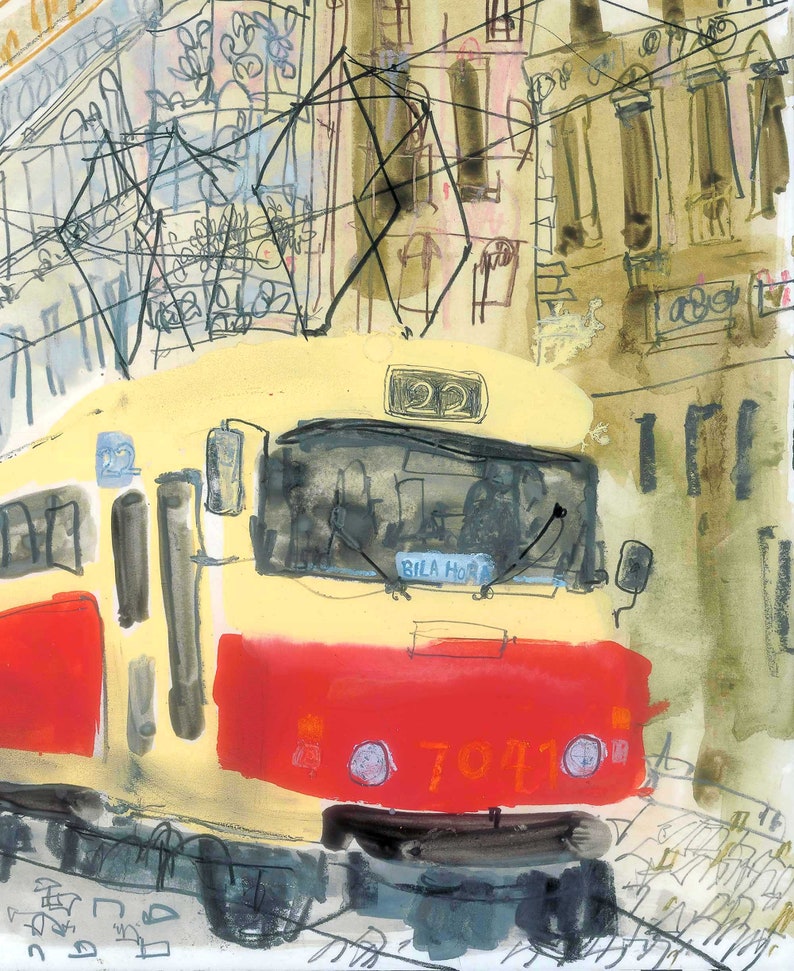 May include: Watercolor painting of a yellow and red tram car with the number 22 on the front. The tram car has the text "Bila Hora" on the windshield and the number 7071 on the front. The background shows buildings and overhead wires.