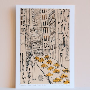 New York City Taxi Drawing, Signed Art Print, New York Painting, Manhattan Street, Dont Walk, One Way, NYC Sign, Skyscrapers Clare Caulfield image 8