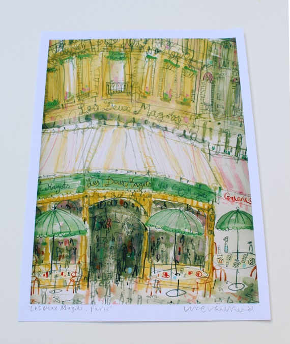 PARIS CAFÉ WATERCOLOR, Les Deux Magots, Signed Art Print, Watercolor Painting, French Café Wall Decor, Parisian Brasserie, Bistro Drawing