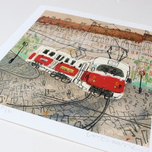 May include: A watercolor painting of a red and white tram with the text "Prague Tram" and "195" on the bottom left corner. The tram is on a street with a background of buildings and a street map.