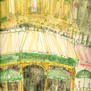 May include: Watercolor illustration of the Les Deux Magots cafe in Paris. The artwork features the cafe's facade with green awnings, umbrellas, and tables. The cafe's name is written in cursive. The color palette includes yellow, green, pink, and brown.