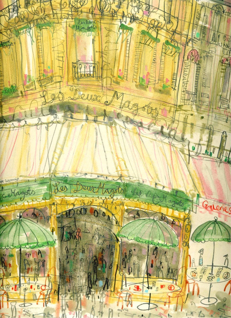 May include: Watercolor illustration of the Les Deux Magots cafe in Paris. The artwork features the cafe's facade with green awnings, umbrellas, and tables. The cafe's name is written in cursive. The color palette includes yellow, green, pink, and brown.
