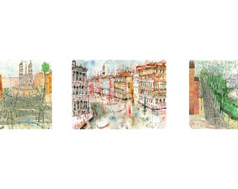 GALLERY WALL PRINTS, Set of 3 Prints, Rome Spanish Steps, Italy Painting, Paris Picture, Sacre Coeur Sketch, Giclee Prints, Clare Caulfield