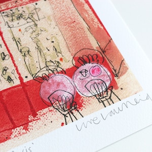 May include: A red and white abstract painting with two pink figures with black outlines. The painting is signed "Live Laumed".