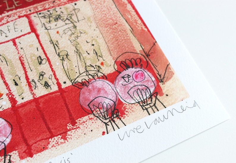 May include: A red and white abstract painting with two pink figures with black outlines. The painting is signed "Live Laumed".