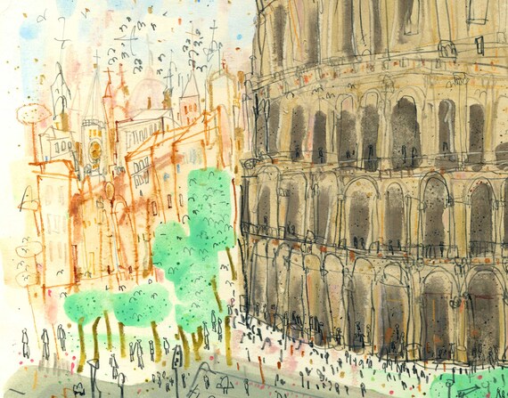 ローマの絵画、コロッセオの絵、イタリアの建築、ローマの壁画、水彩画