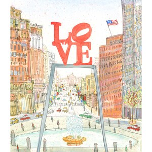 May include: A watercolor painting of the LOVE statue in Philadelphia, Pennsylvania. The statue is red and is framed by a gray archway. The statue is in front of a city street with buildings and cars. There is a fountain in the foreground.