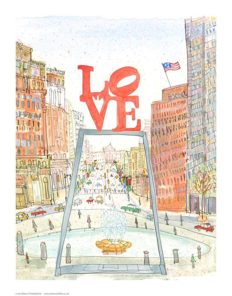 May include: A watercolor painting of the LOVE statue in Philadelphia, Pennsylvania. The statue is red and is framed by a gray archway. The statue is in front of a city street with buildings and cars. There is a fountain in the foreground.