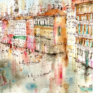 VENICE PAINTING, Italy Watercolor, 8x10 Giclee Print, Italy Wall Print, Grand Canal Drawing, Venice Pen Sketch, View of Venice, Gondola Art