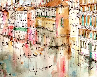 VENICE PAINTING, Italy Watercolor, 8x10 Giclee Print, Italy Wall Print, Grand Canal Drawing, Venice Pen Sketch, View of Venice, Gondola Art