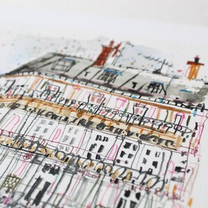 May include: Watercolor painting of a multi-story building with a brown roof and many windows. The building is drawn in a sketchy style with black lines and pink, brown, and gray accents.