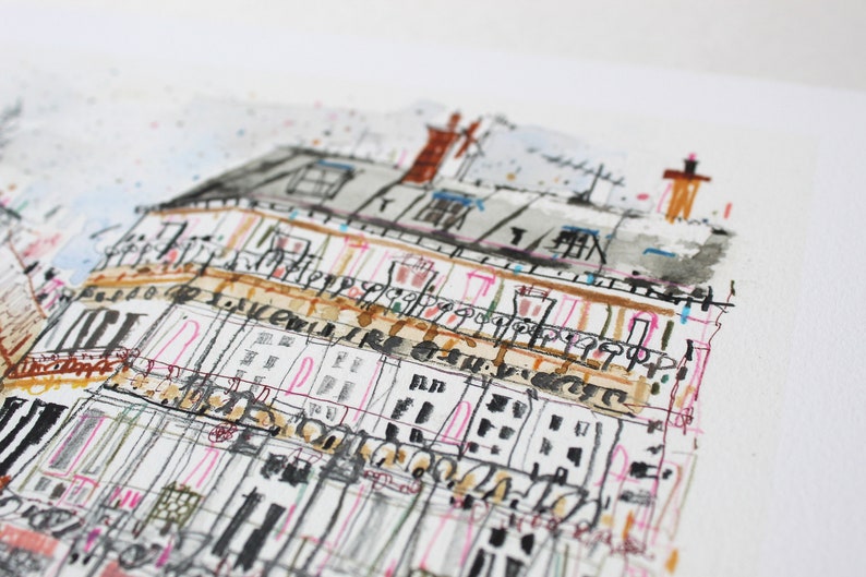 May include: Watercolor painting of a multi-story building with a brown roof and many windows. The building is drawn in a sketchy style with black lines and pink, brown, and gray accents.